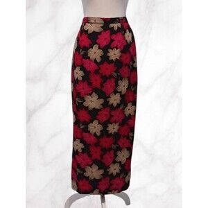 Pencil Maxi Skirt Red Beige Floral  Elastic Waist Side Slit Briggs Women's M.
